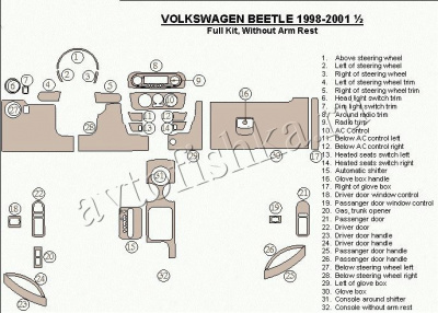 Декоративные накладки салона Volkswagen Beetle 1998-2001 полный набор, без подлокотника, 32 элементов,