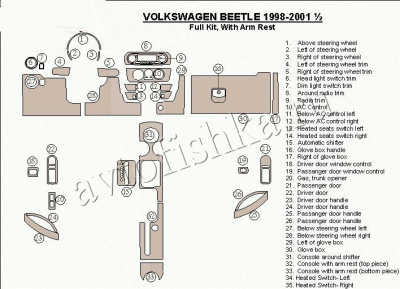 Декоративные накладки салона Volkswagen Beetle 1998-2001 полный набор, с подлокотником, 33 элементов.